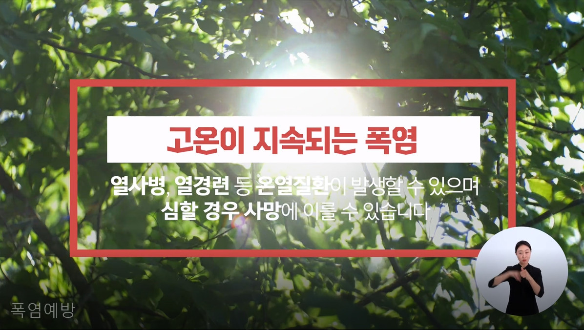 고온이 지속되는 폭염, 열사병, 열경련 등 온열질환이 발생할 수 있으며 심할 경우 사망에 이를 수 있습니다.